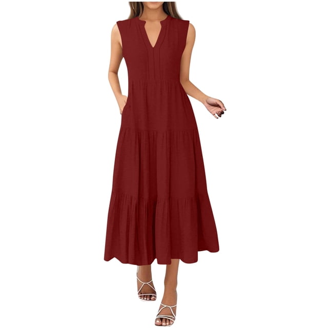 Cinvoph Robes d'Été Décontractées pour Femmes Sans Manches Col en V Robes d'Été à Volants Amples Plissées Fluides Plage Vacances Longue Robe