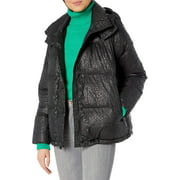 BCBGeneration Women's Puffer Jacket with Hood, Leopard Black, XSmall