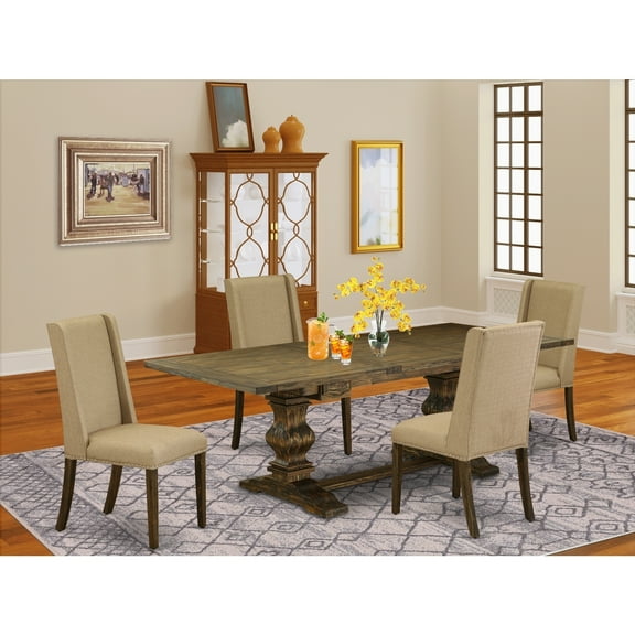 HomeStock Rustic Recluse 5-Piece Modern Dining Table Set With Chair S Legs And Dark Khaki Linen Fabric Living Room Chairs Set Of 4 And Wooden Dining Room Table - Distressed Jacobean Finish