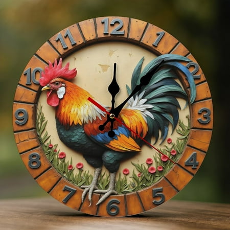 Wall Clock Decorative - Colorful Rooster Print 2D Vintage Wall Clocks Battery Operated Silent Non-Ticking for Bedroom, Living Room, Kitchen, Office, Classroom, 10 Inch