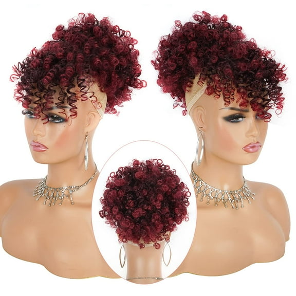 SHILIU-Drawstring Afro Puff Ponytail Extension for Black Women - Short Red Curly Ponytail with Bangs Clip in Wrap Updo Hairpieces