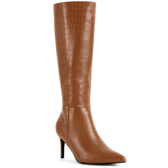 BLISSFUL STEP Women's Boots Stone Pattern Pointed Toe Stiletto Heel Knee High Boots Brown 9