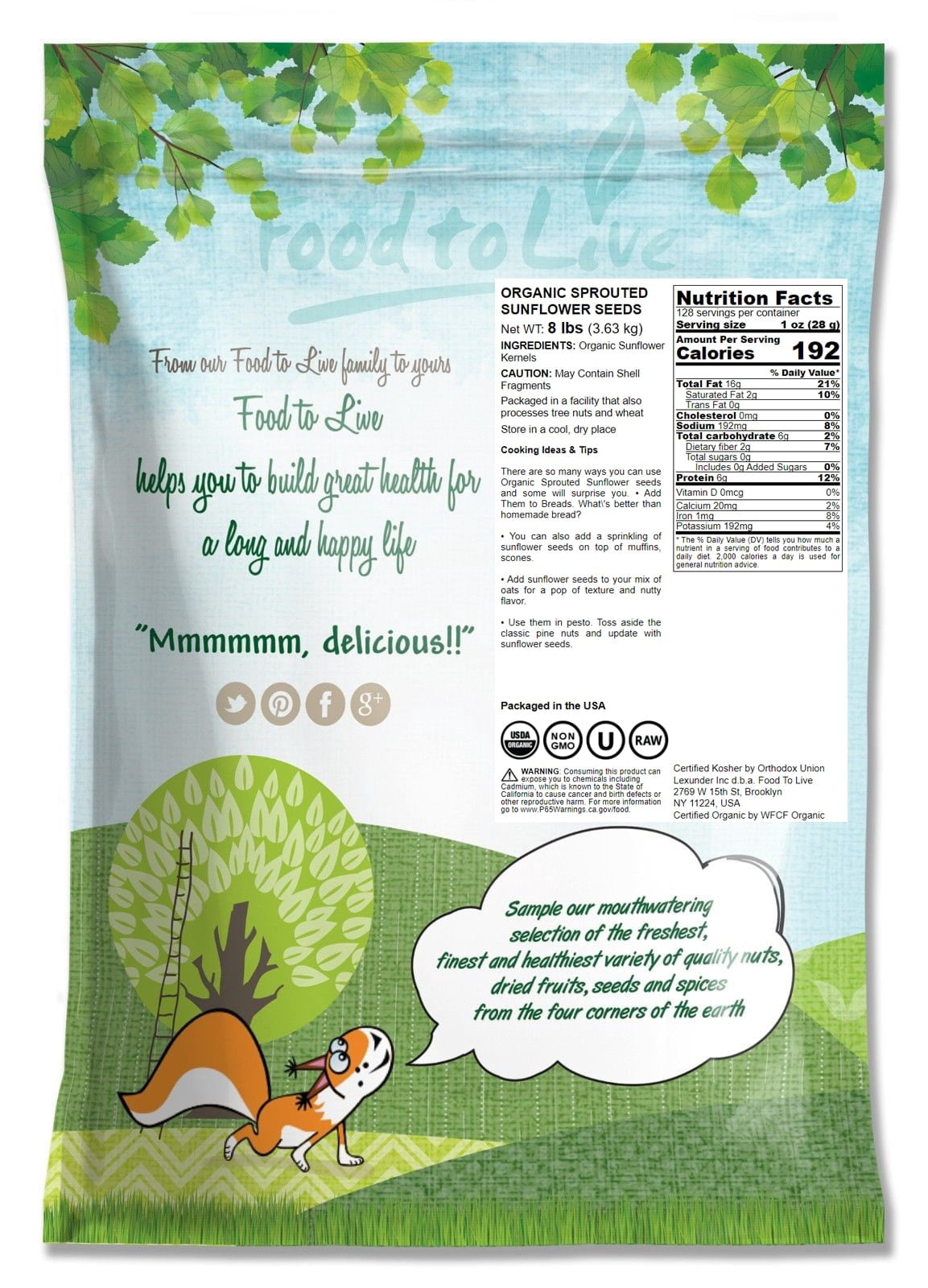 Organic Sprouted Sunflower Seeds, 8 Pounds - Non-GMO, Kosher, Raw, Vegan - by Food to Live