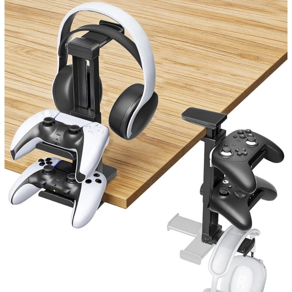 Headphone Stand & Hanger for Desk, 2 in 1 Above & Under Desk Gaming Headset Holder Mount with Height Adjustable & Rotating Clamp, Dual-sided Anti-slip Pad, Earphone Rack with Cable Clip, 1 Hooks