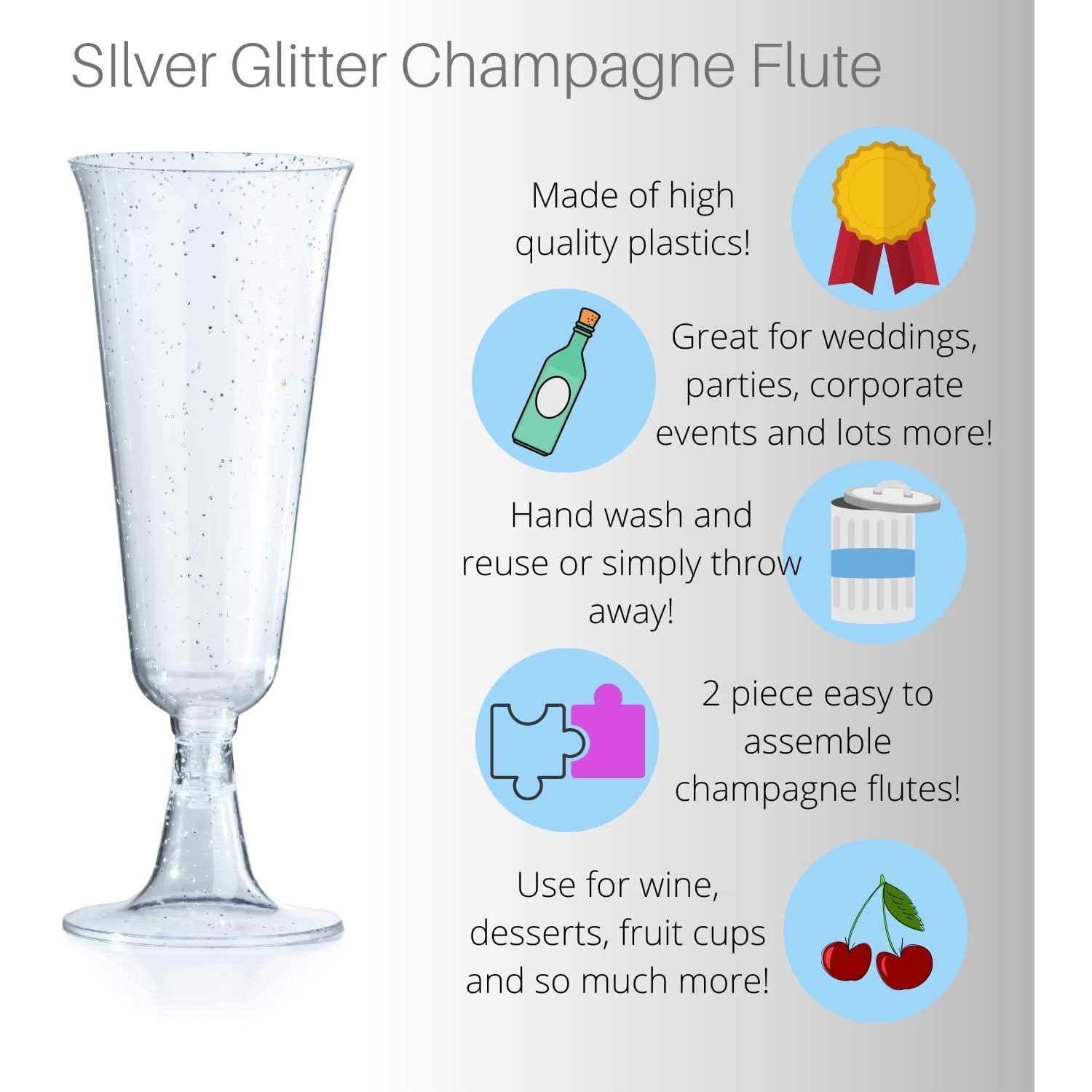 60 Crown Display Quality Plastic 5 oz. Wine Flute Glasses - Silver Sparkle