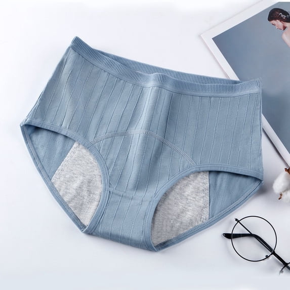 Alun Women's Leak Proof Soft and Breathable Physiological Underwear Simple Solid Color Ribbing Period Panties Lightweight Breathable Mid Waisted Briefs for Menstruation Light Blue L