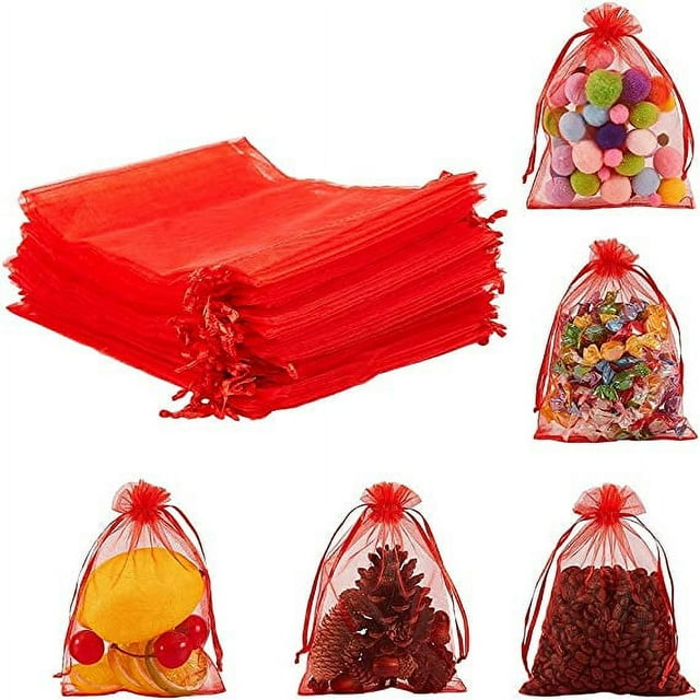 Xiao Hua 100 bolsas de organza con cordón de 4 x 4,7 pulgadas, color rojo, para joyería, de malla transparente, para regalos de boda, dulces, baby shower, cumpleaños, San Valentín y Navidad.
