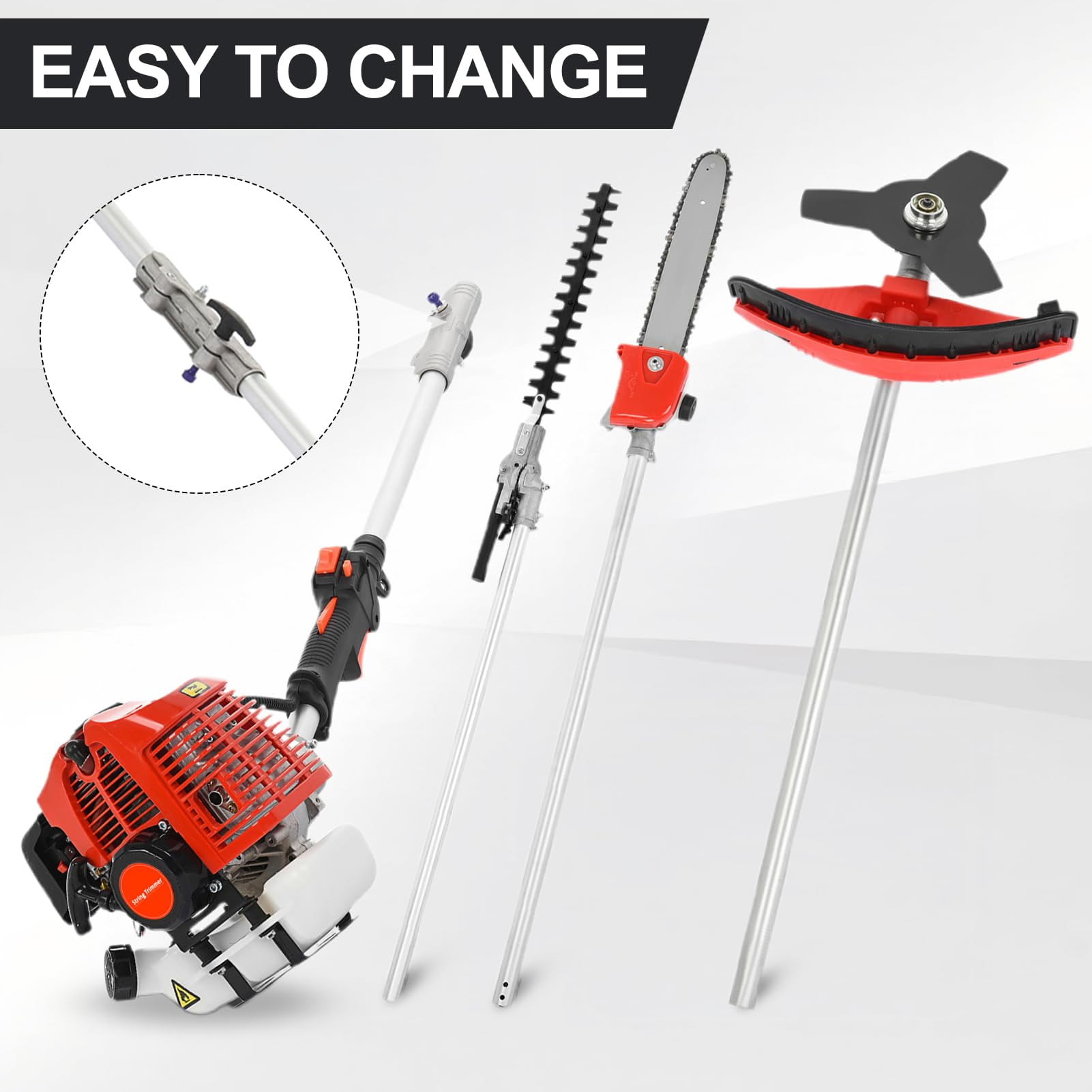 5 in 1 Weed Wacker Gas Powered, 52CC 2-Stroke String Trimmer/Edger, Pole Saw, Hedge Trimmer and Brush Cutter Blade with Extension Pole – Gas Powered Yard Tool for Landscaping