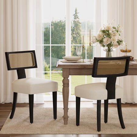 Mid-Century Modern Dining Chairs Set of 2 – Farmhouse Linen Upholstery Curved Backrest Hardwood Frame – Rattan Modern Style Inspired Chenille Black Wooden Legs 2pcs