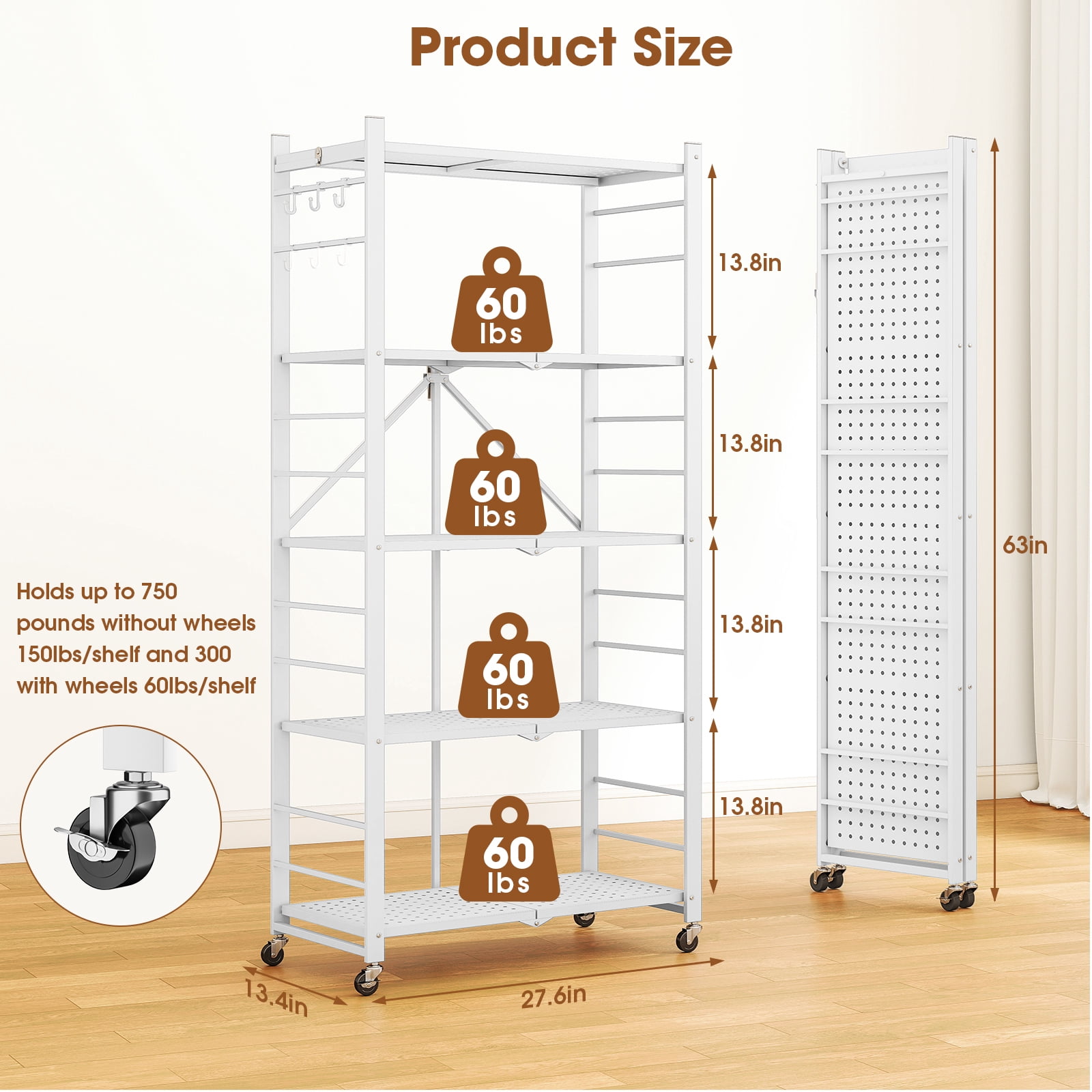 Fenbeli Storage Shelves,5-Tier Foldable Metal Wire Storage Shelf with Wheels, Heavy Duty Organizer Rack for Garage, Kitchen, Closet, White