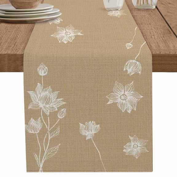 nqOlkjepod Beige White Floral Table Runner 72 Inches Long Farmhouse Dress Scarves, Abstract Art Summer Botanical Dining Tablerunner for Coffee Table/Kitchen Island/Party Décor, 13" x 72"