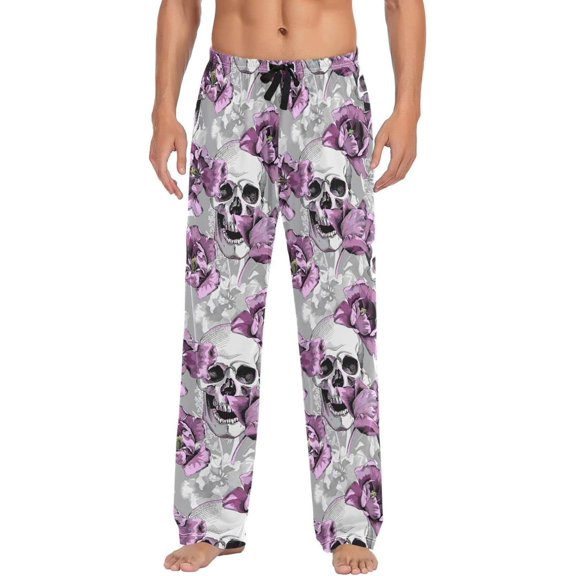 Violet Tulips Skulls Pajama Pants, Mens Lounge Pants Super Soft Men Pajama Bottoms, Christmas New Year Birthday Father's Day Gifts, Medium