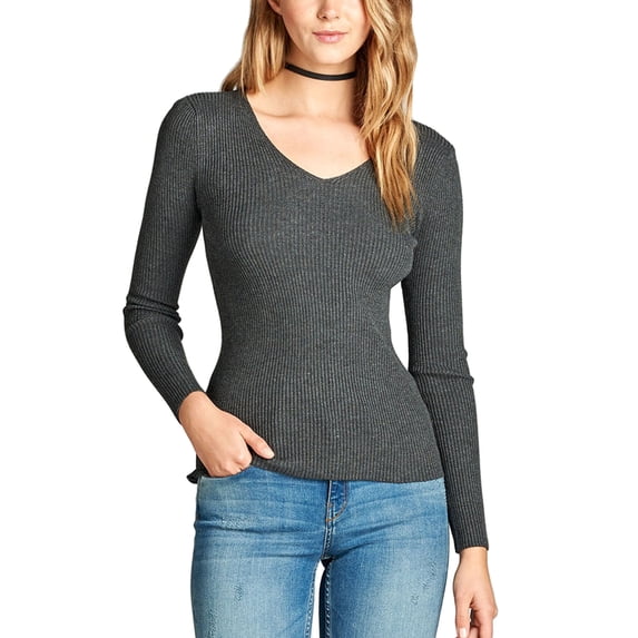 KOGMO Women's Long Sleeve V-Neck Fitted Rib Rayon Nylon Sweater Top