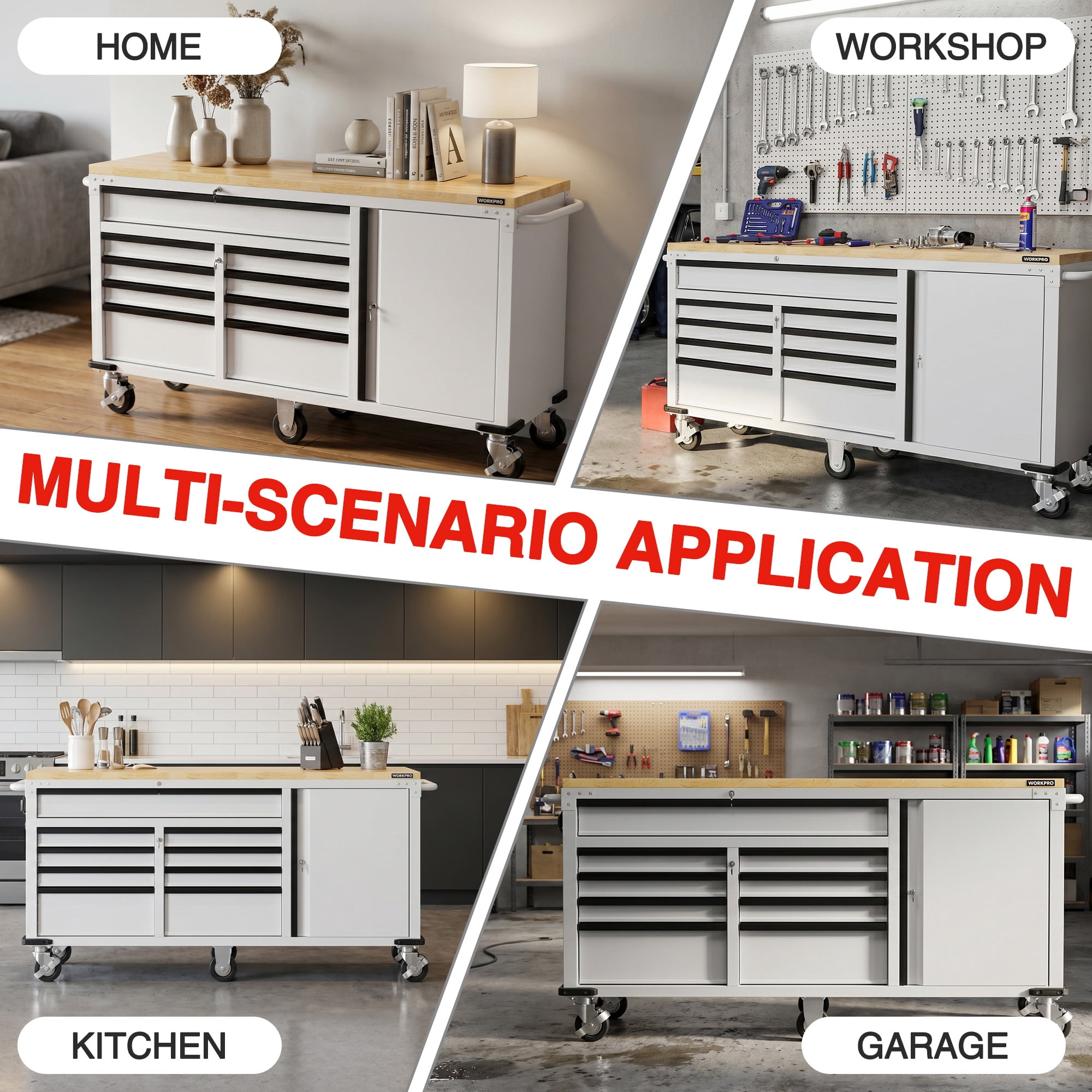 WORKPRO 72" x 22" Rolling Tool Cabinet, 9-Drawer & 1-Door, 1500 LBS Capacity Tool Chest with Wooden Workbench, Adjustable Shelves, Locking System and 6 Swivel Casters