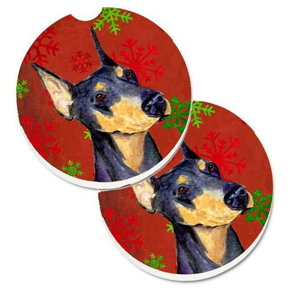 Doberman Red & Green Snowflakes Holiday Christmas Set of 2 Cup Holder Car Coaster