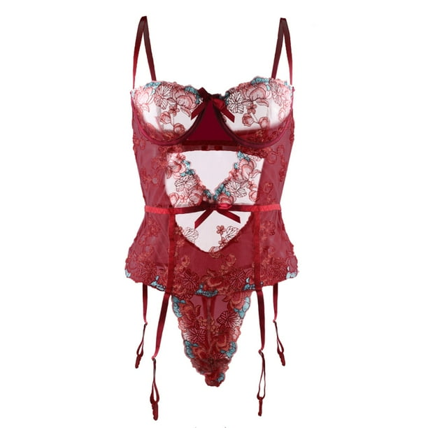 Gibobby Conjunto de lencería Sexy para Mujer con Cinturones de Liga Conjunto de Sujetador y Bragas de Encaje Sexy(Rojo, G)