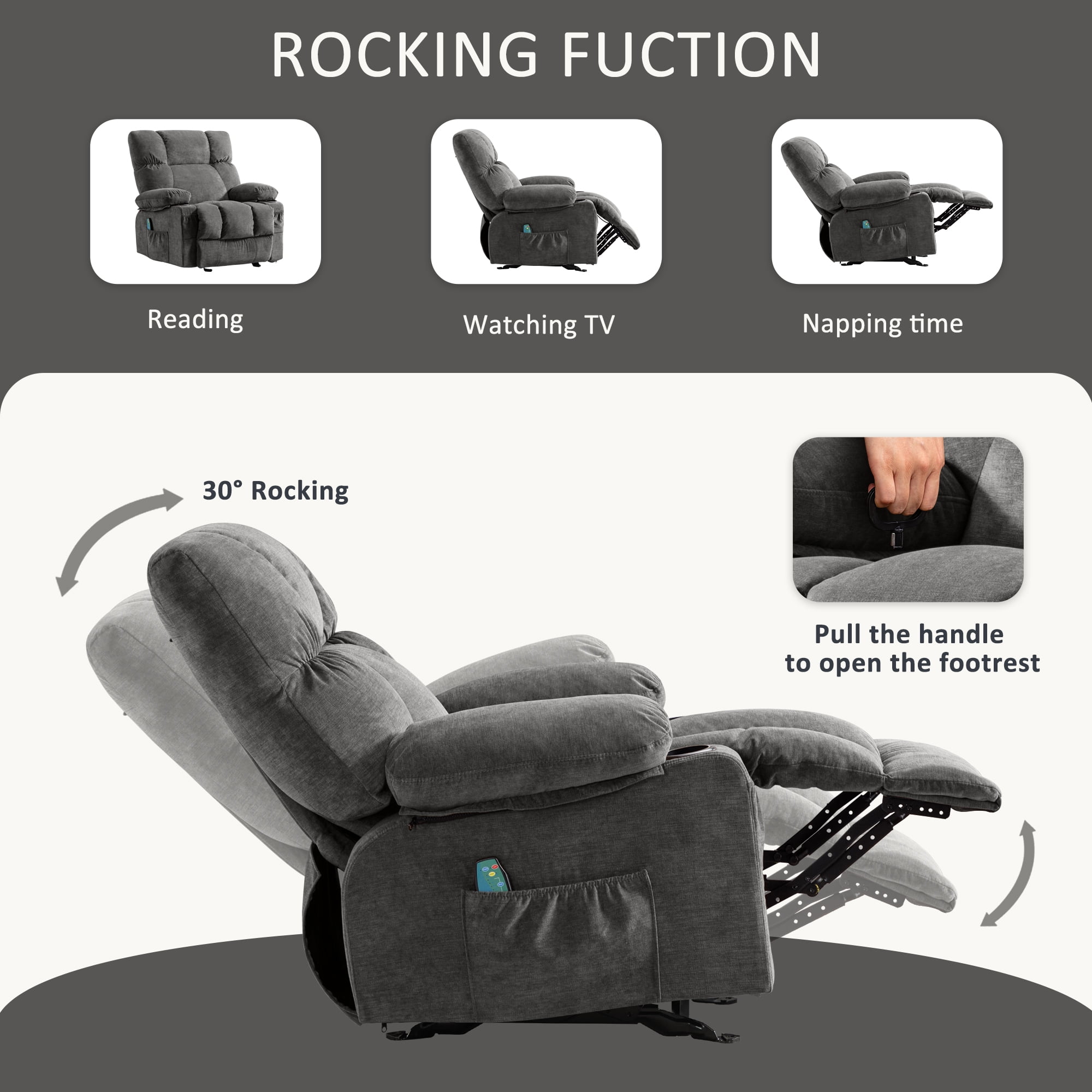 JONPONY Manual Recliner Chair with Heat Therapy and Massage Function, Heavy Duty Reclining Mechanism Massage Chair, Elderly Single Rocker Sofa with Cup Holders for Bedroom Home Theater,Grey