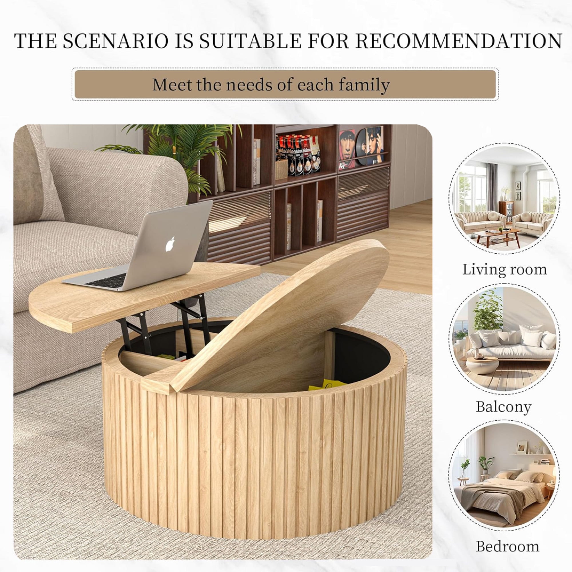 Round Coffee Table for Living Room, Farmhouse Lift Top Coffee Table, Fluted Center Table with Storage (Wood)