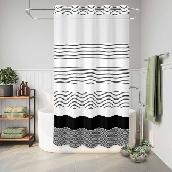 No Hook Shower Curtain Black Stripe Lines Waterproof Fabric Shower Curtain Abstract Striped Hotel Style Bathroom Curtain with See Through Top Window Machine Washable 36x72in