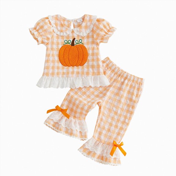 Enyan Toddler Baby Girl Halloween Outfit Pumpkin Short Sleeve Shirt Plaid Pant 2Pcs Kids Clothes
