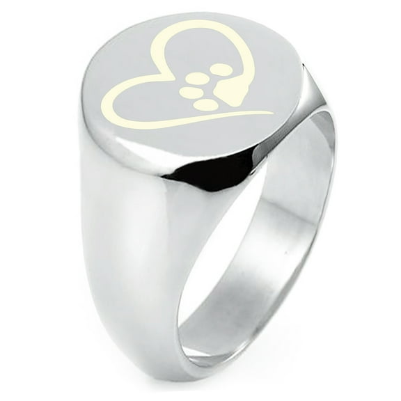 Sterling Silver Dog Paw Heart Engraved Round Flat Top Polished Ring