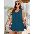 thumbnail image 5 of SHOWMALL Plus Size Sleeveless V Neck Shirt for Women, Pleated Tank Top to Layer Under Blazer or Cardigan, Indigo Blue 5X Side Slit Summer Casual Vacation Tops, 5 of 8