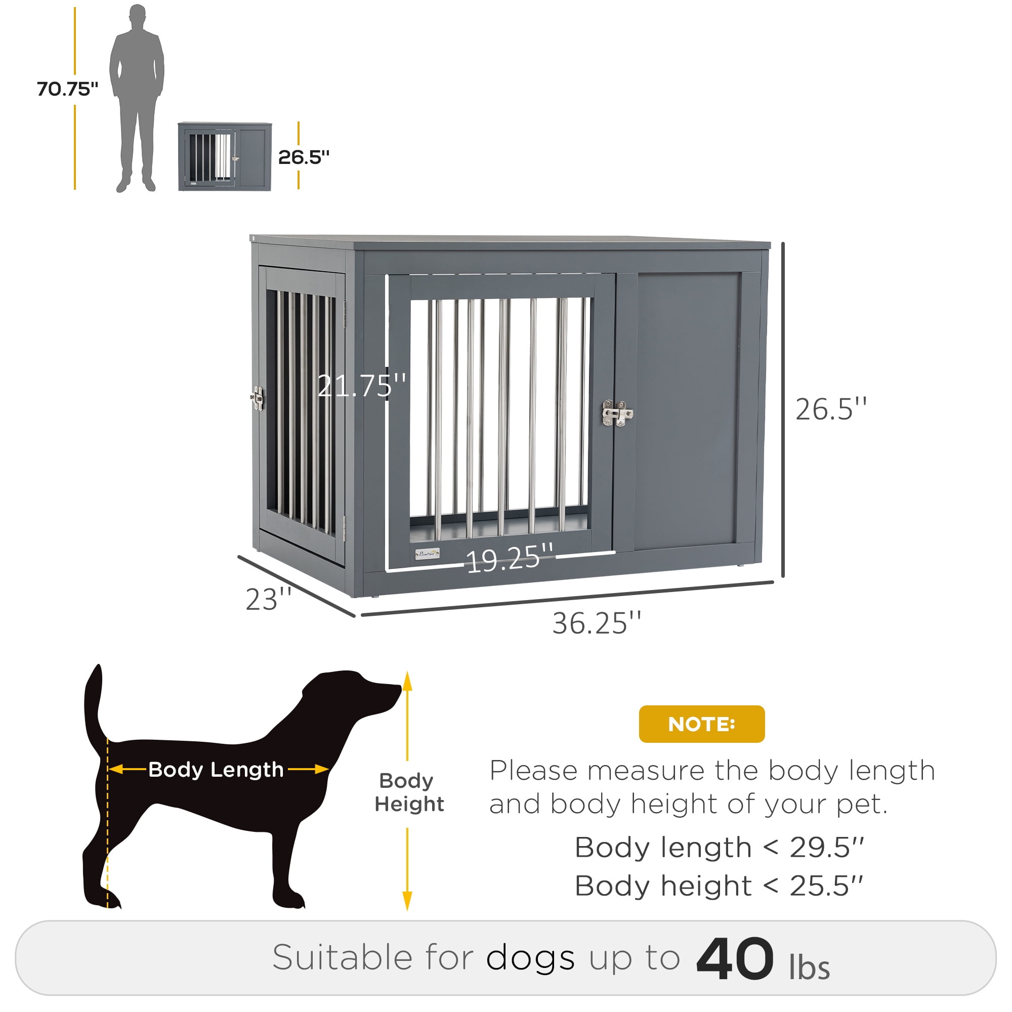 PawHut Dog Crate Furniture Wire Pet Cage Wooden Dog Kennel, End Table with Double Doors, and Locks, for Medium and Large Dog House Indoor Use, Grey