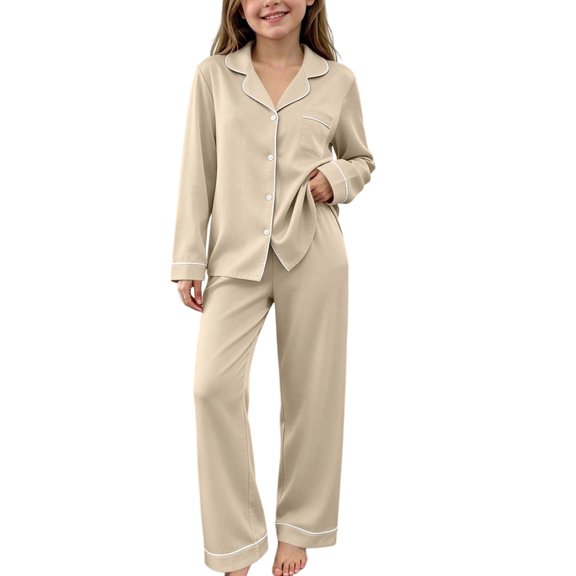 Dagugfen 2 Piece Set For Teens Button Down Long Sleeve Collared Tops Casual Pants Indoor Fashion Home Wear