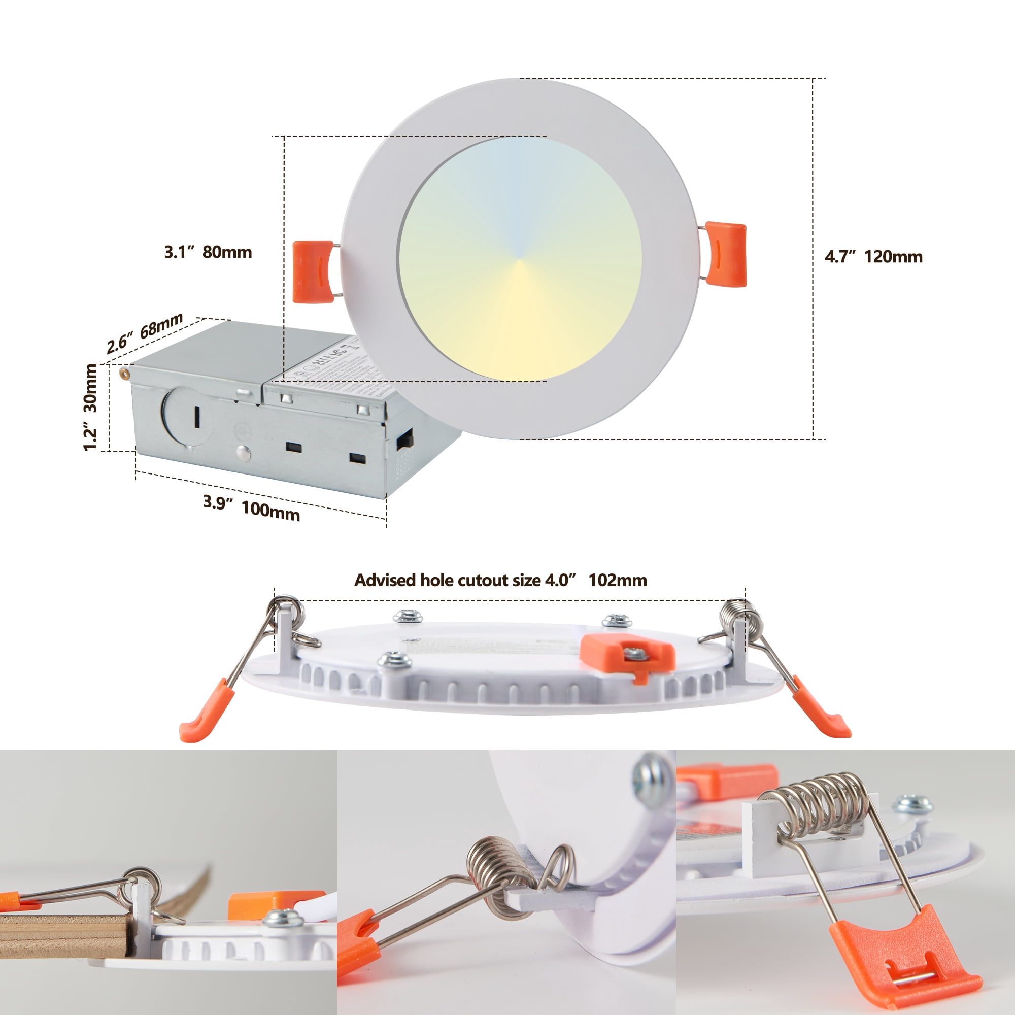 Leumius 4 Inch LED Recessed Ceiling Lights, 12-Pack Ultra-Thin with Junction Box, 5 Color Temperature Options 2700K-5000K, 9W 810LM Dimmable Canless Downlight for Home and Commercial Use