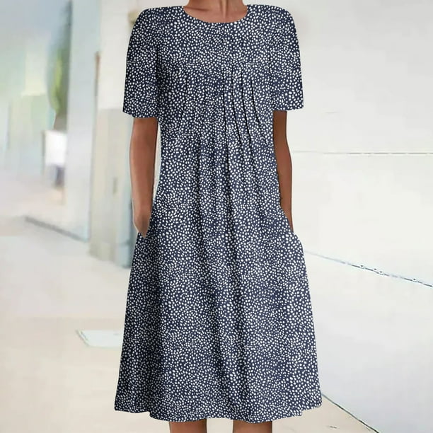 ICHUANYI Clearance Women's Summer Bohemian Print Short Sleeve Beach Dress Knee Length Dress(Navy, M) ICHUANYI WER2023080705298