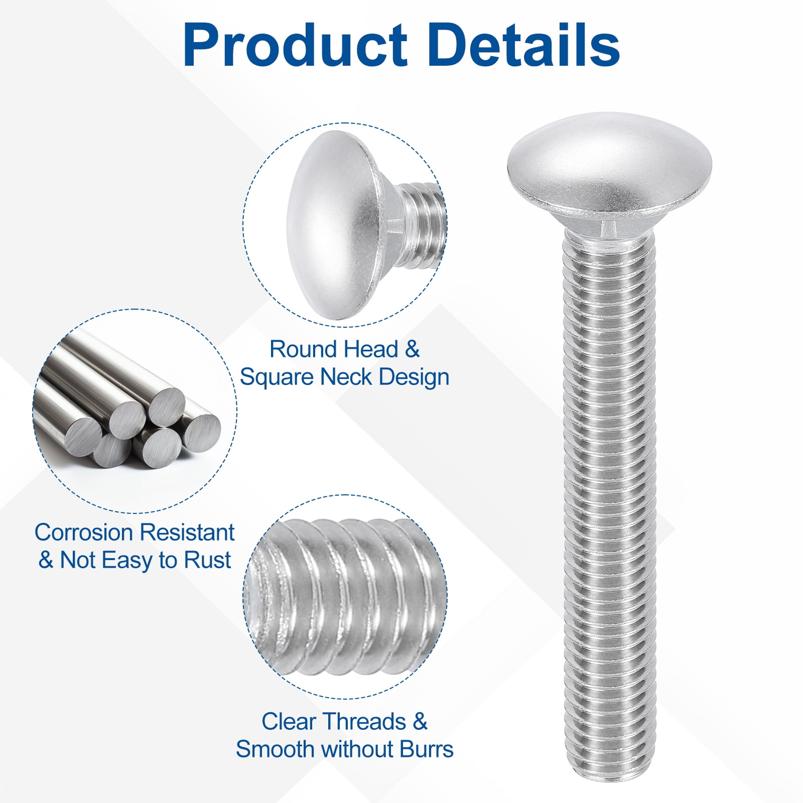 Uxcell 4Pack 1/2"-13x5" Stainless Steel Carriage Bolts Round Head Square Neck, Silver