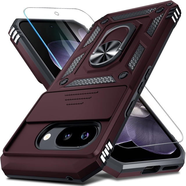 KOMI Case Compatible with Google Pixel 9A Built in Slide Camera Lens Cover+Screen Protector+Finger Ring Holder Kickstand,Heavy Duty Shockproof Full Body Protective Phone Cover, Wine Red