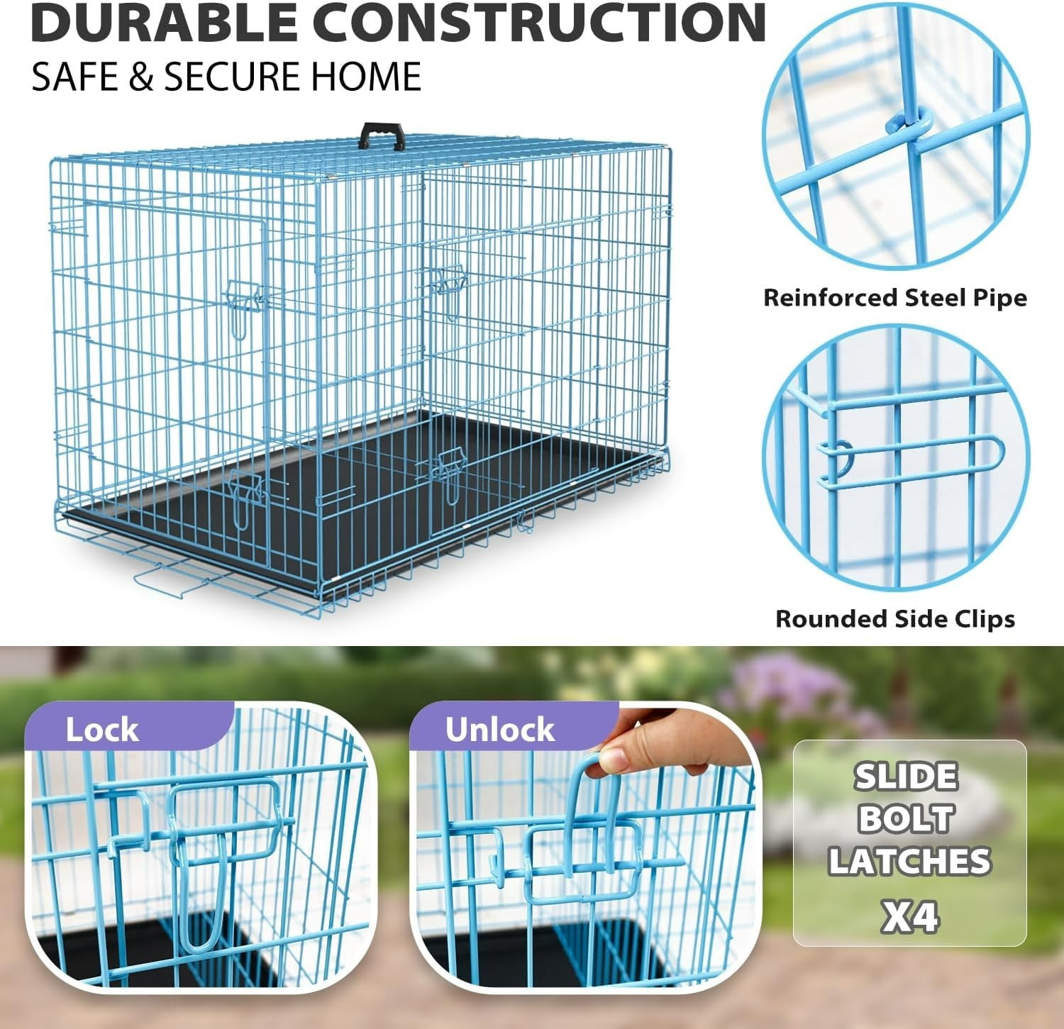 Extra Large Dog Crate Dog Kennel Cage with Double Door,48 inch Folding Metal Wire Dog Cage with Removable Tray&Divider Panel,Pet Crate for Large Dogs,Blue