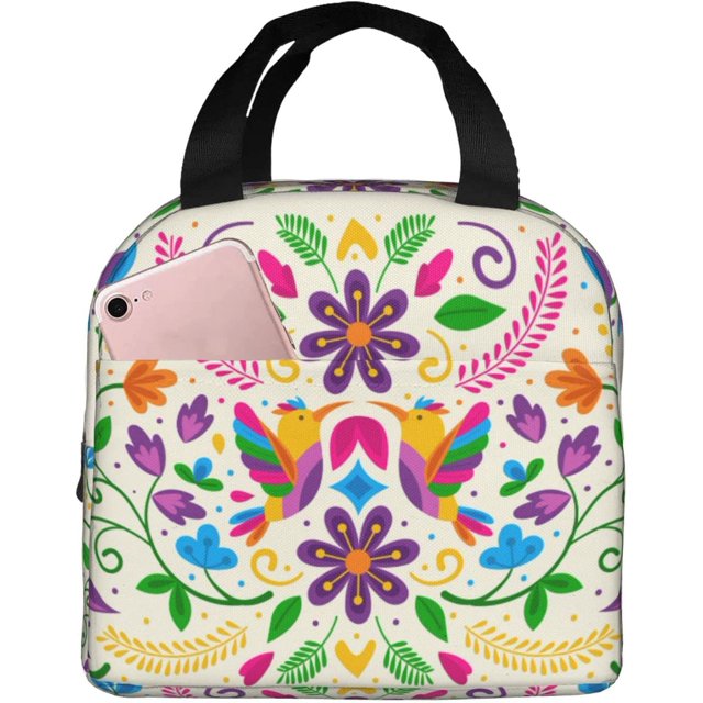 Faty-T Colorful Mexican Flower1 Reusable Lunch Box Lunch Bag Cooler Reusable Tote Picnic Bag Container Lunch Box For Adult Women Men