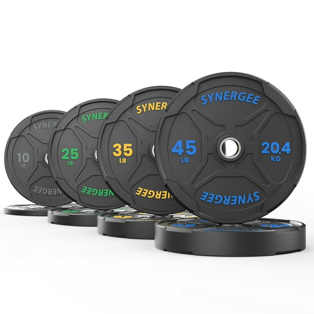 Synergee Bumper Plates – Durable Olympic Weight Plates, Low-Bounce Rubber for Strength Training, Powerlifting, and Functional Workouts.