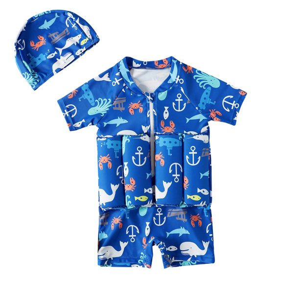 URMAGIC URMAGIC 2-9Y Kid Boys Short Sleeve One Piece Float Swimsuit Cap Suit Rashguard Buoyancy Bathing Suit/Fish