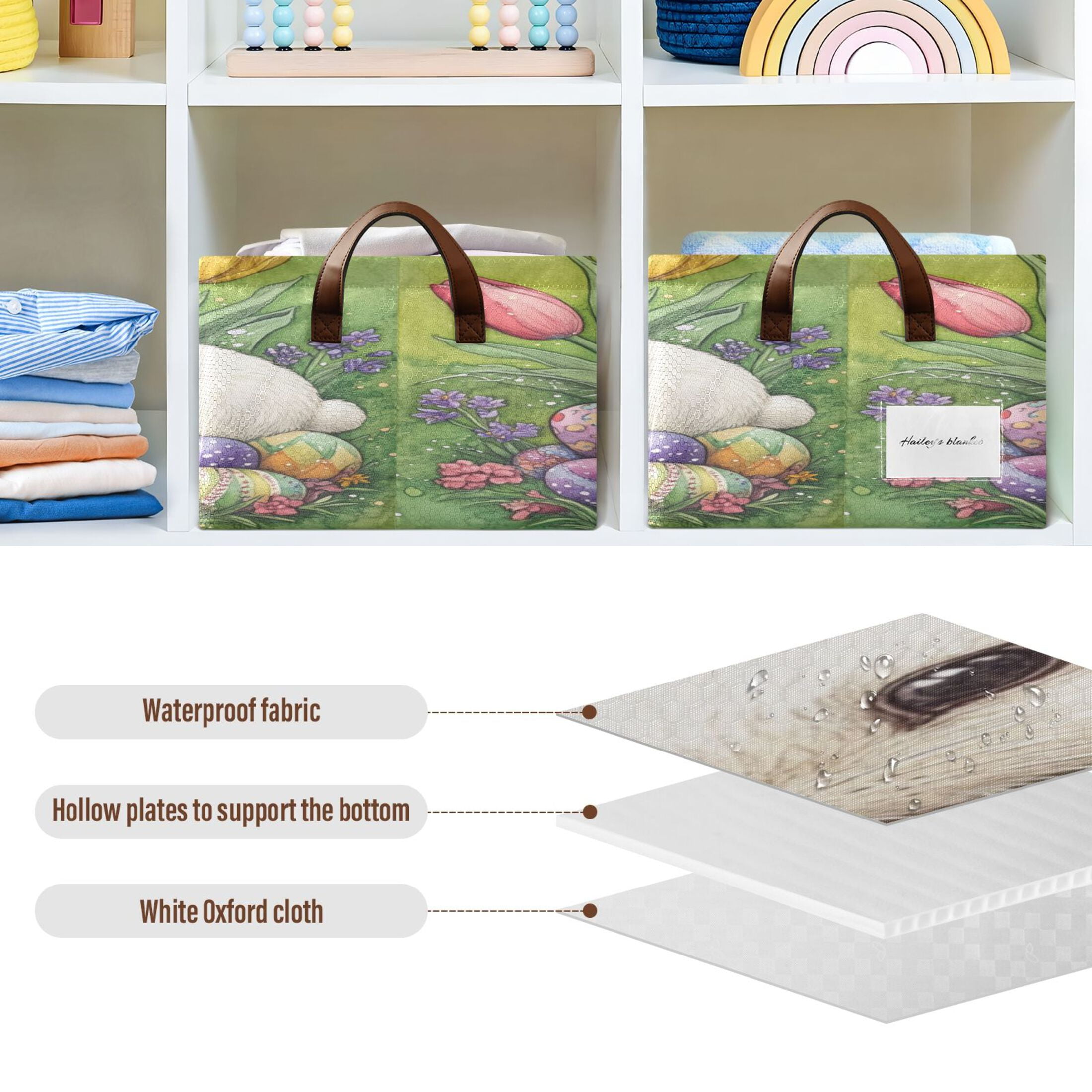 Wobogo Easter White Bunny Storage Basket Soccer Plaid Fabric Oversized Collapsible Hoard Box with Metal Iron Frame 16.9×11.4×7.7in