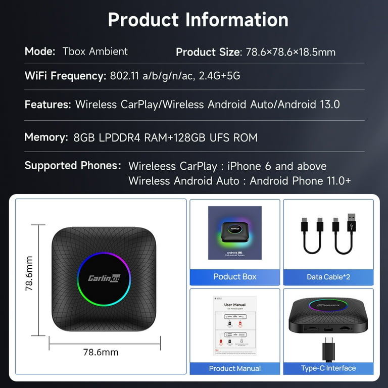 Carlinkit AI Box Android 13 - Wireless CarPlay Adapter, 8GB+128GB