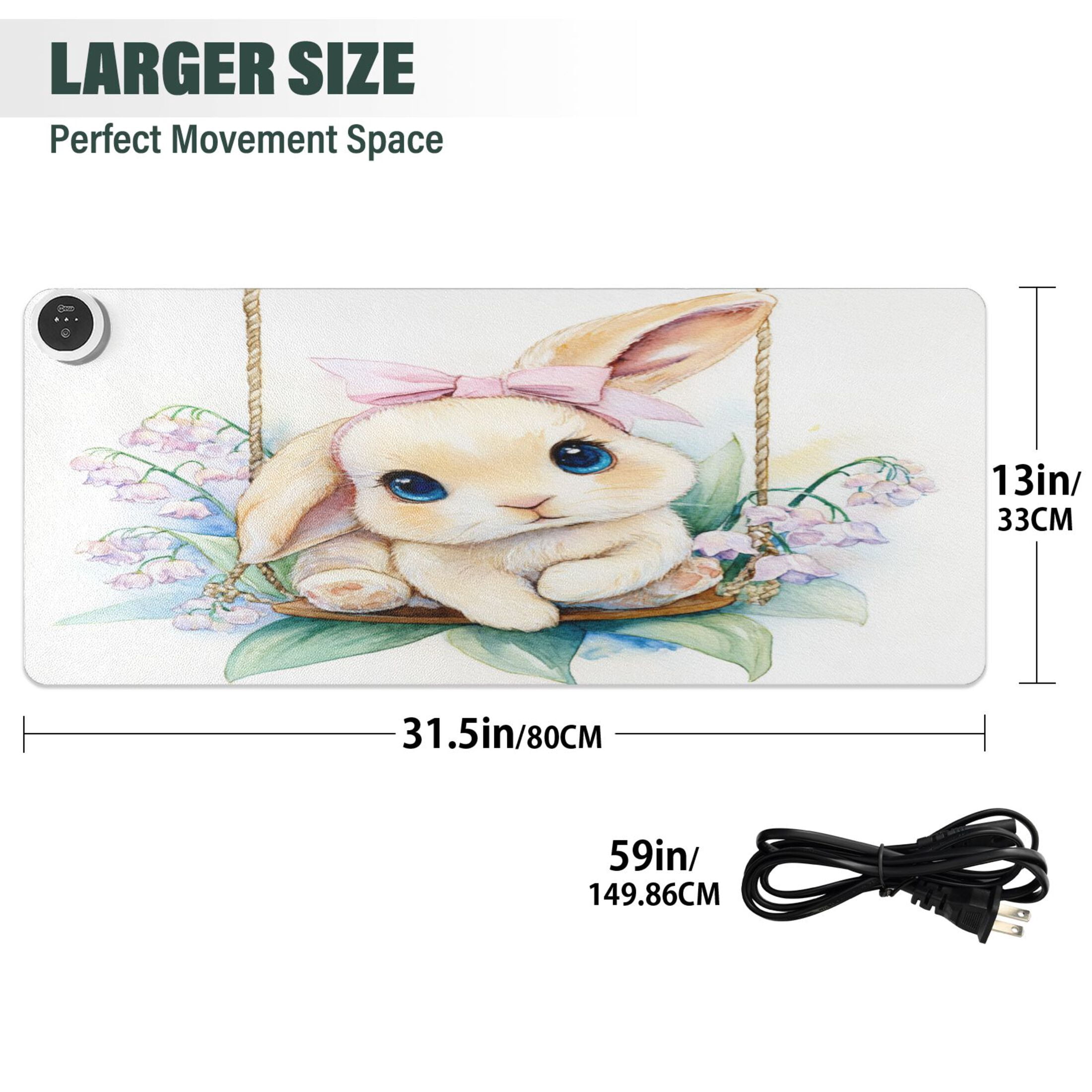 Large Heated Desk Mat Mouse Pad 31.5"x13"PU Leather Graphene Heating Desk Warmer with 3 Temperature Settings 110V US Plug Non-Slip Warm Pad for Home, Office, and Gaming Spring Bunny with Flowers