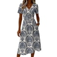 thumbnail image 5 of Boho Floral Print A Line Midi Casual Dress Women's V Neck Short Sleeve Dress Summer Outfit Flowy Lightweight Party Wear Vacation Retro Chic Gray XXL, 5 of 6