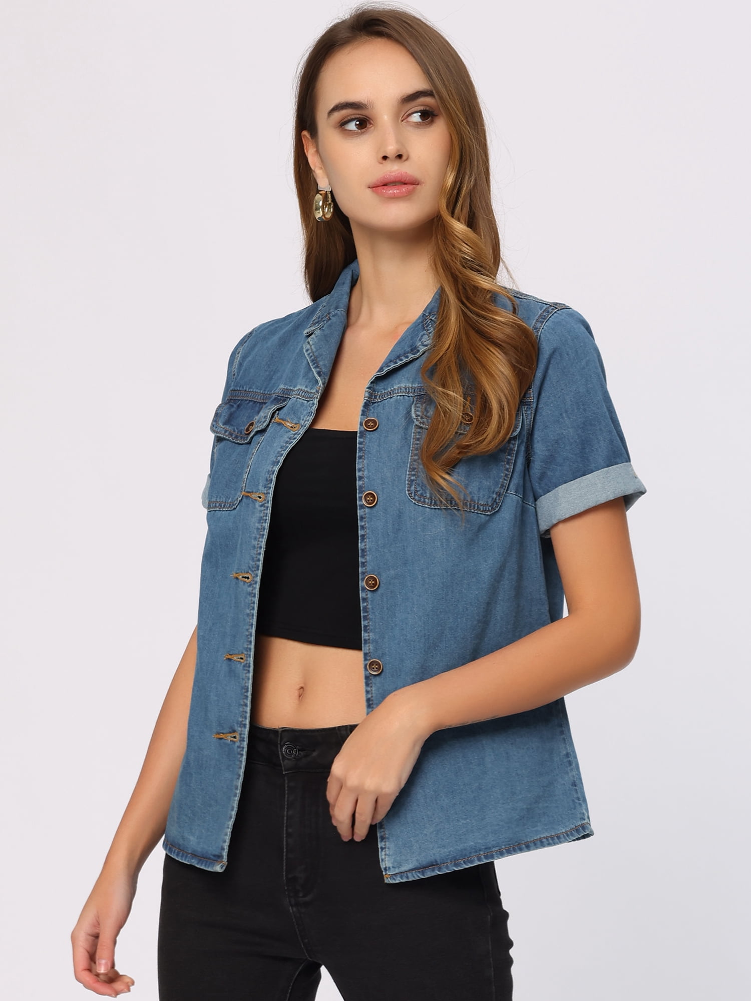 DARING DIVA Women's Denim Collared Short Sleeve Chest Pocket Button Up Shirt XL Blue