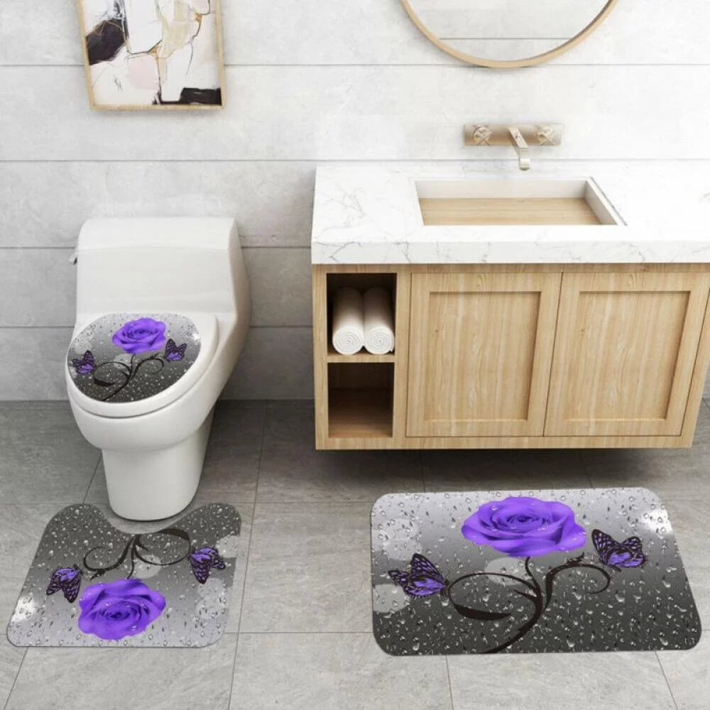 4PCS 3D Raindrop Rose Flower Shower Curtain,Fabric Cloth Polyester Waterproof Bath Curtain, Non-Slip Bathroom Rugs Bath Mat Set, Elegant Bathroom Decor, Purple