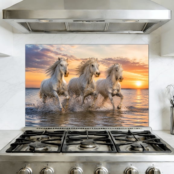 Kitchen Backsplash Peel and Stick Wall Murals White Camargue Horses galloping water Removable Mural 35.4"W x 23.6"H, Oil Proof Vinyl Wallpaper for Fireplace & Behind Stove