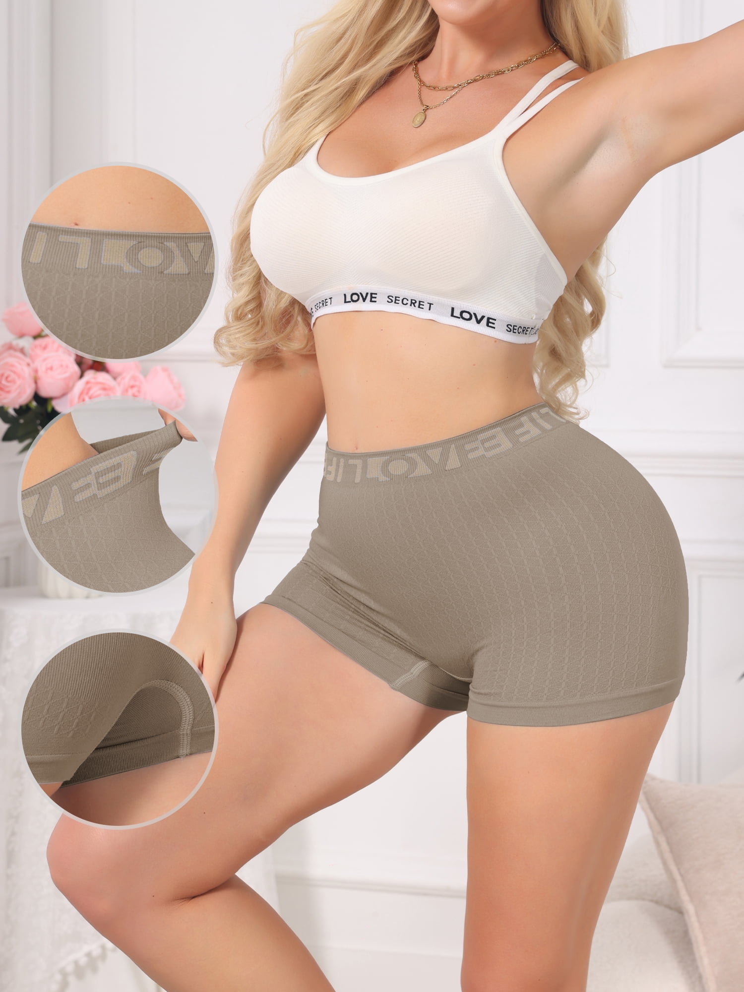 DARING DIVA Women's High Waisted Boyshorts Ribbed Tummy Control Stretchy Panties M Brown