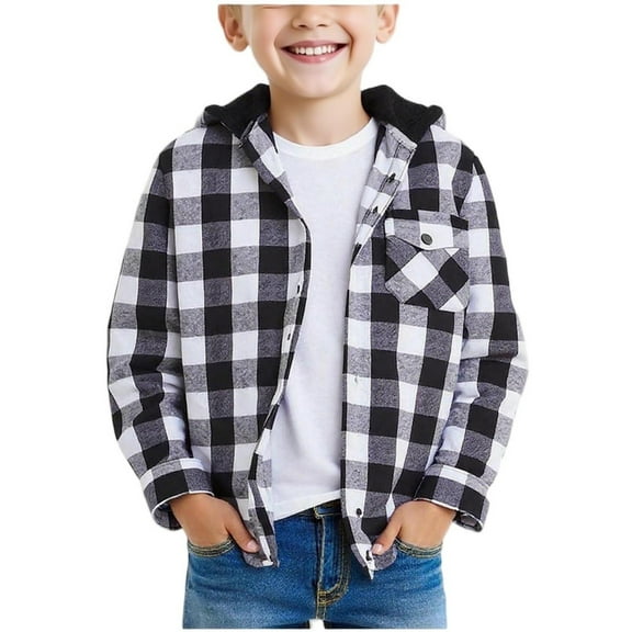 Cethrio Boys Plaid Shirts, Casual Long Sleeve Lightweight Hooded Shirt Jackets Black Size 14-16