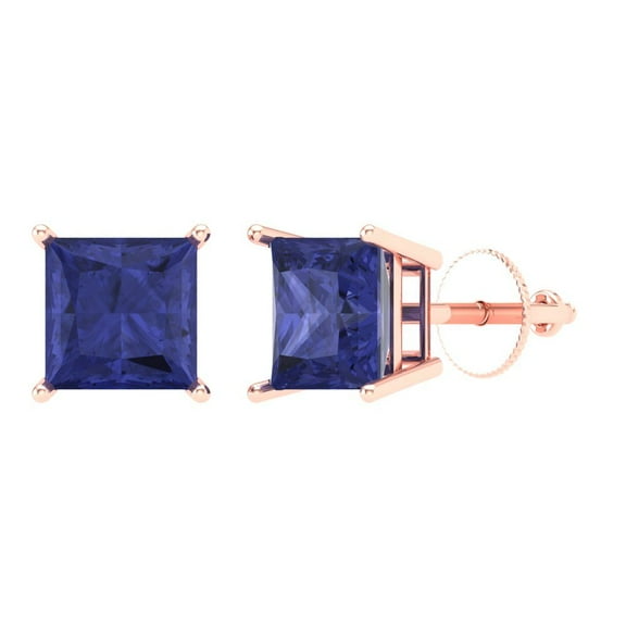 4 ct Screw-Back Stud Earrings for Women | 7.0mm Princess Cut Simulated Tanzanite | 18K Rose Gold
