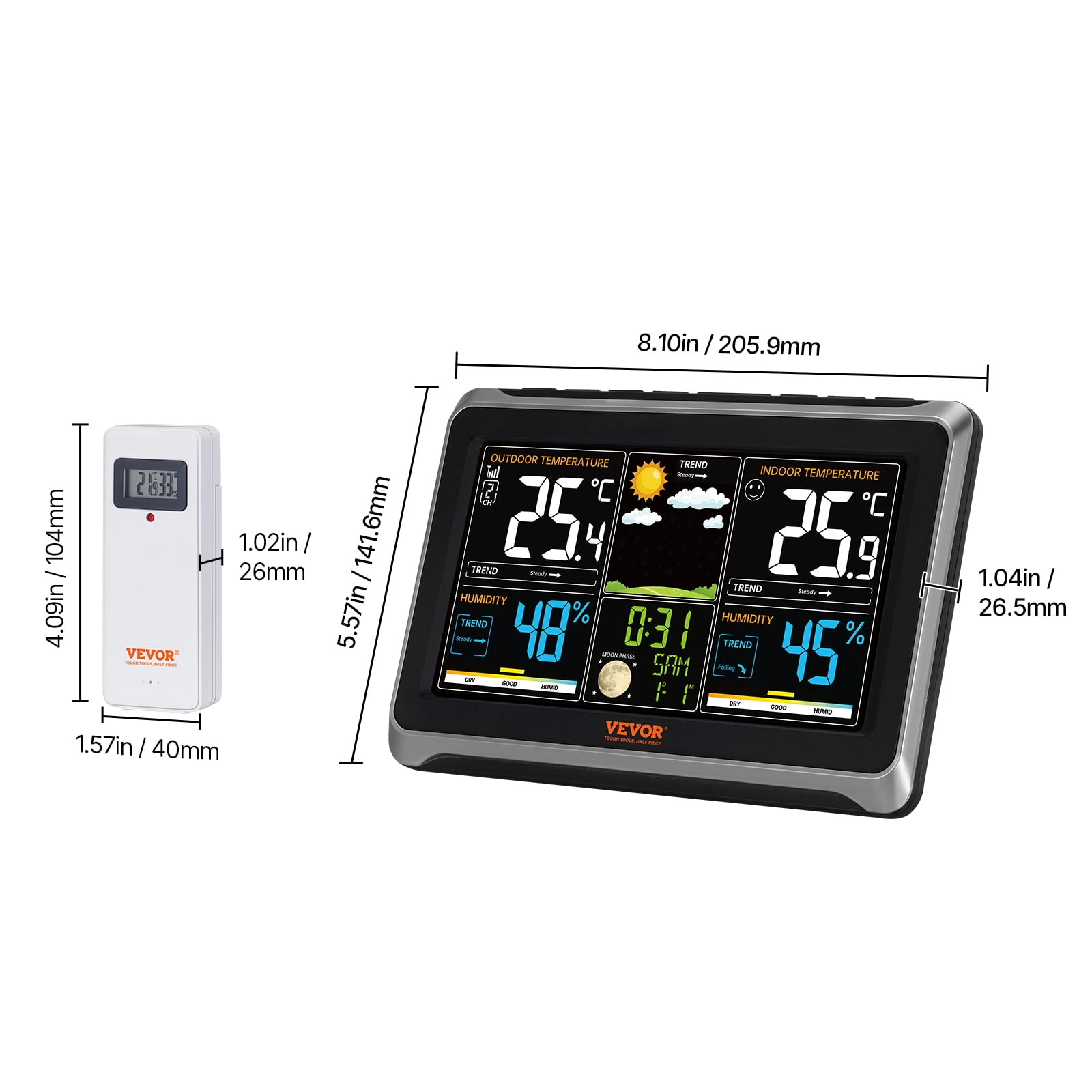 VEVOR Weather Station Indoor Outdoor, 7.5 in Color Display, Wireless Digital Home Weather Station, with Sensor Atomic Clock Adjustable Backlight Forecast Data Calendar Alarm Alert Temperature-NO WIFI