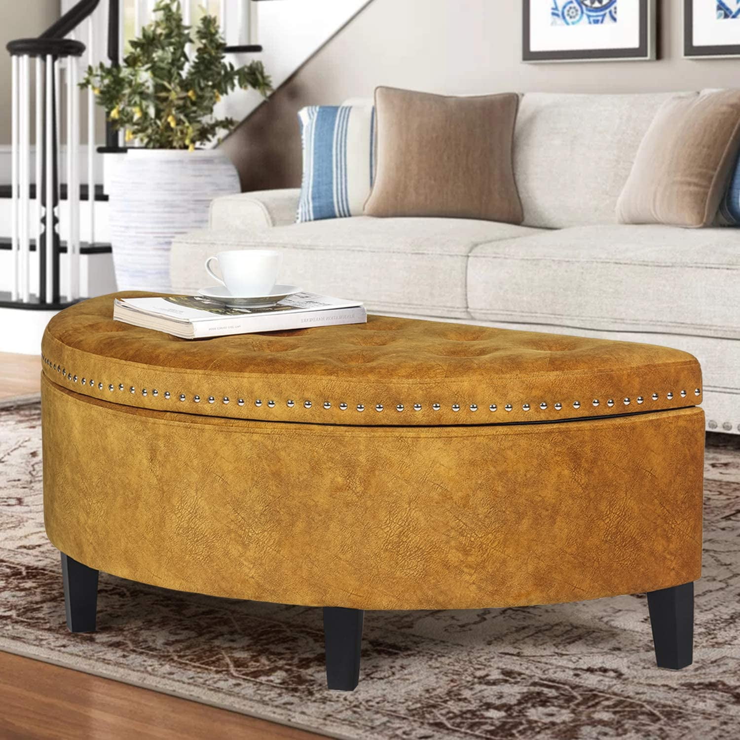 Homebeez Fabric Storage Ottoman Bench Half Moon Orange