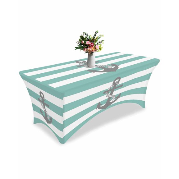 Fitted Tablecloth 6ft Grey Anchor Rectangular Tablecloths Stretch Spandex Table Cover Washable Elastic Teal Green Stripes Table Cloth Protector for Dinner Party Wedding Banquet