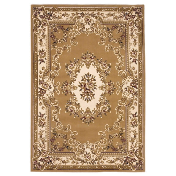 8'x11' Beige Ivory Machine Woven Hand Carved Floral Medallion Indoor Area Rug